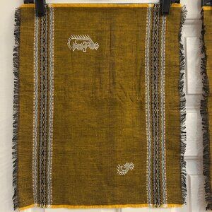 1970s Set of 3 Woven  & Embroidered Placemats from Panama Yellow Black White